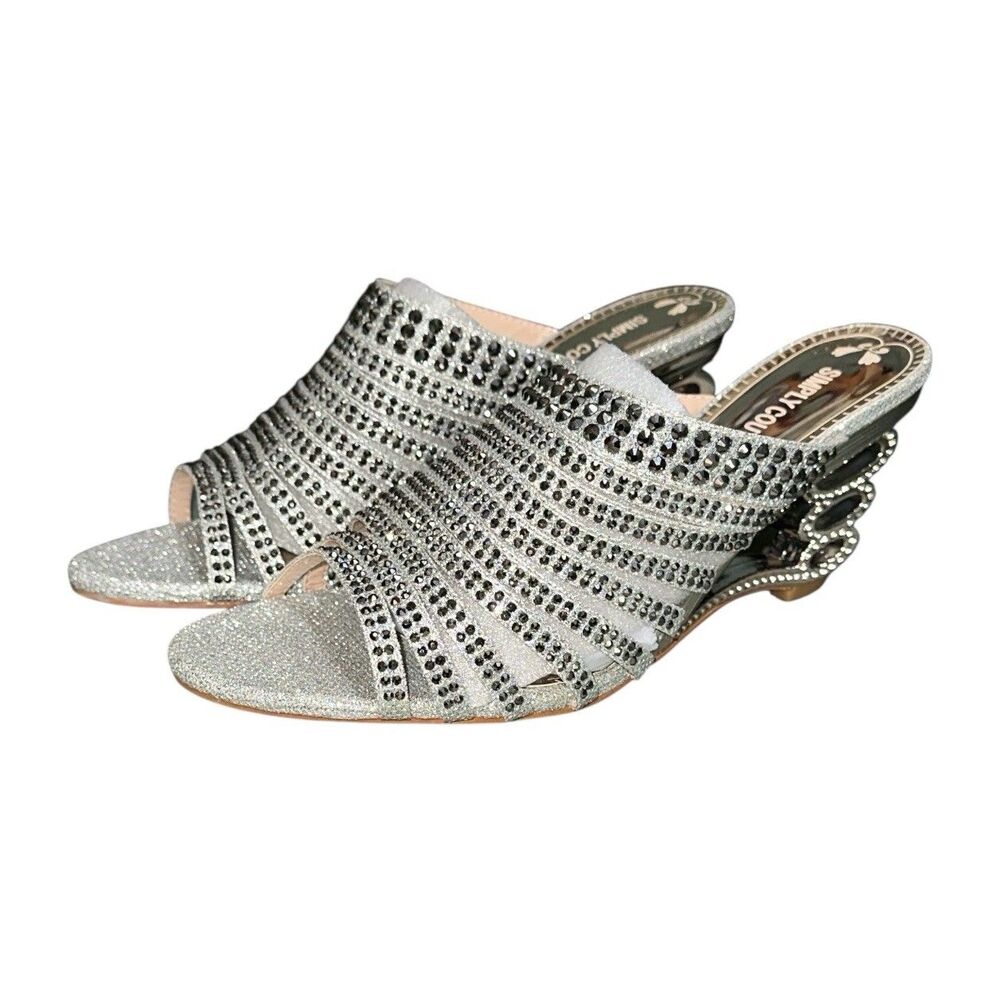 Simply Couture Rhinestone Heels Silver Open Toe Sandal Slides–Glam Party Size 11
